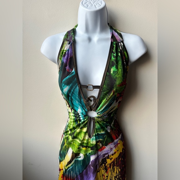 Y2K Women’s Tropical Halter Maxi Dress w/ Gold Chain Detail – Size S/M - Picture 6 of 8